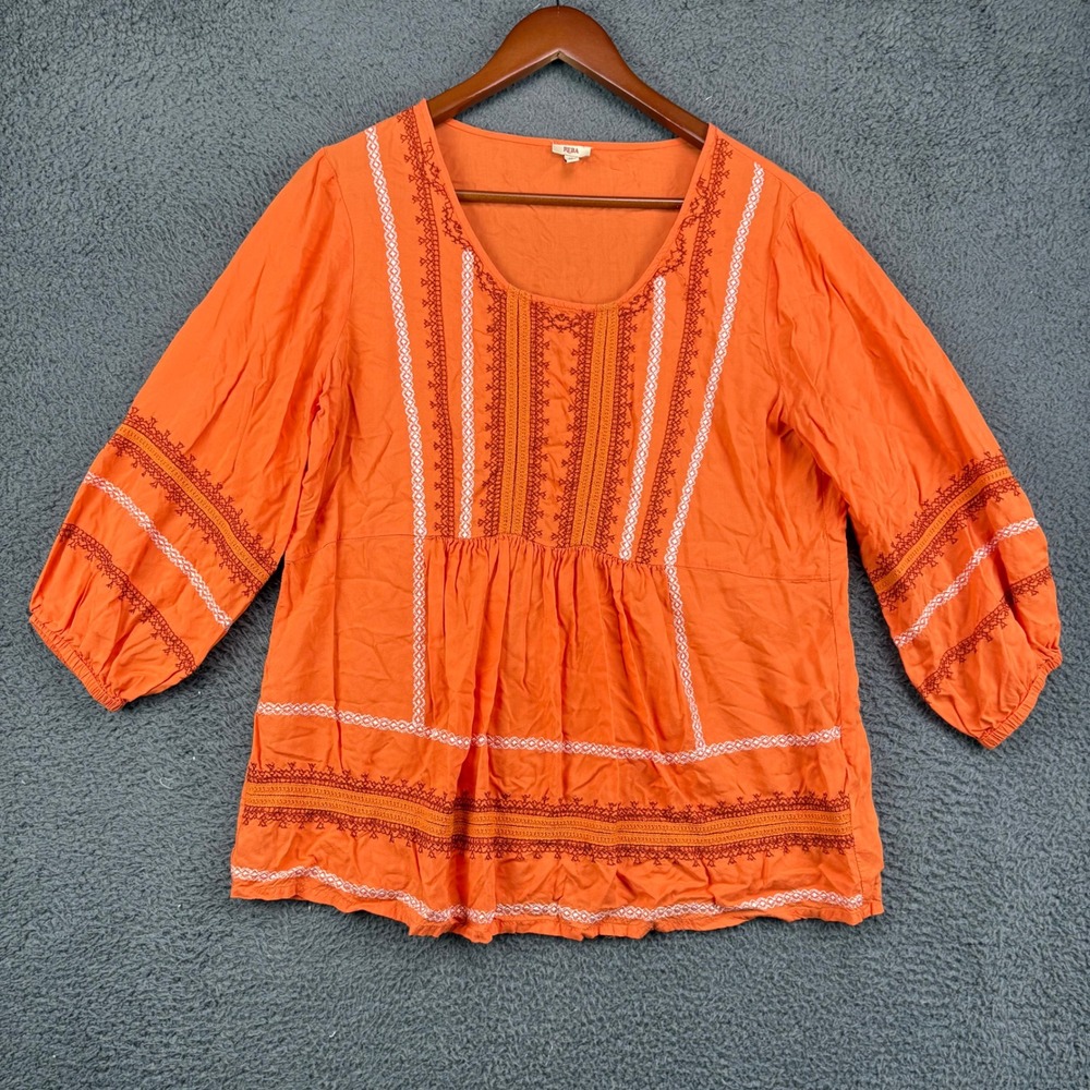 Reba Women Orange Embroidered Boho Peasant Blouse Top Medium 3/4 Sleeve Cotton
